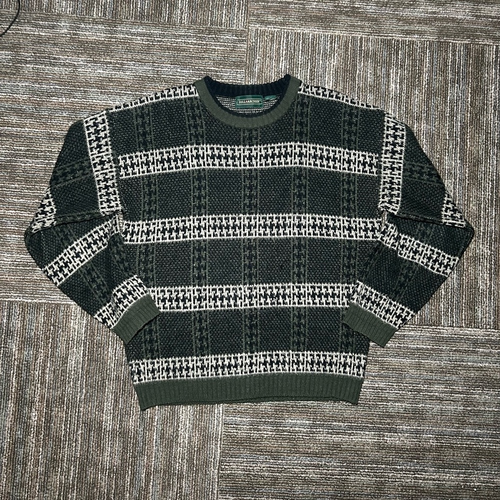 Hill & Archer Sweater Mens Medium Tan Green Plaid Chunky Knit Crewneck Vintage